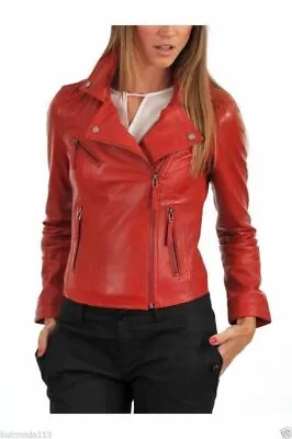 Buy Women Red Leather Jacket Genuine Lambskin Real Biker Motorcycle Slim Fit Coat • 120.48£