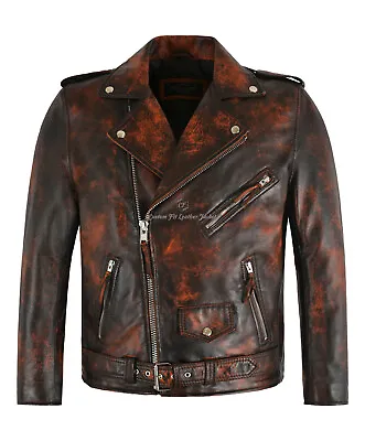 Buy BRANDO Mens Leather Jacket Orange Rusty Biker Fashion Leather Jacket • 139.99£