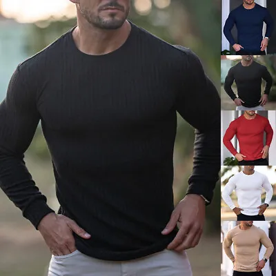 Buy Mens Long Sleeve Muscle Tops T-Shirt Slim Fit Pullover Blouse Ribbed Casual Tee • 12.79£