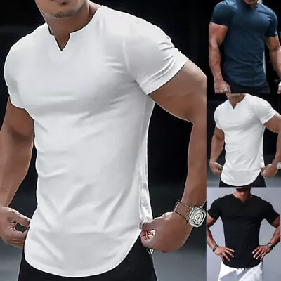 Buy Mens V-Neck Henley T-Shirt Tops Slim Short Sleeve Fit Golf Muscle Casual Blouse • 2.89£