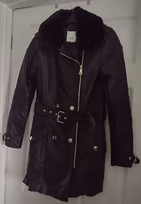 Buy Black Biker Style Jacket / Coat With Faux Fur Collar UK 8 New Without Tags GIFT • 18.95£
