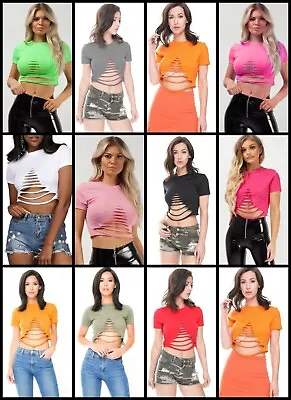 Buy New Ladies Short Sleeve Laser Cut Slashed Detail Festival Crop Top Sexy T Shirt • 2.99£