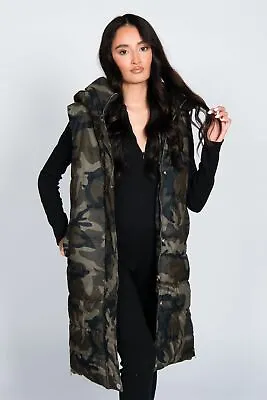 Buy Ladies NEW Camouflage Hooded Long Line Puffer Gilet Jacket Warmer (UK S - XL) • 18.99£