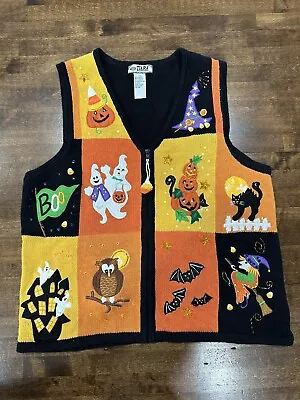 Buy Tiara International Halloween Sweater Vest Large Ghosts Jack O Lantern Cat Owl • 15.36£