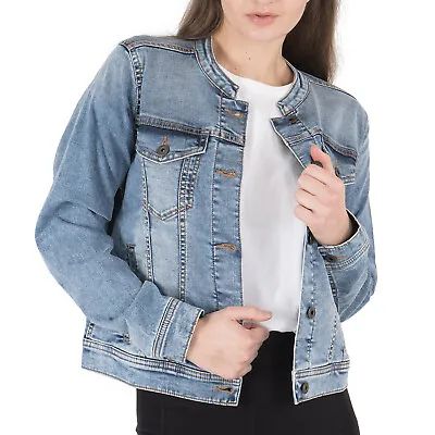 Buy Women's Basic Collarless Denim Jacket Ladies Long Sleeve Washed Jean Biker Top • 17.99£