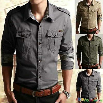 Buy Men's Casual Long Sleeve Double Pockets Cargo T-Shirts Military Dress Shirt Top • 29.40£