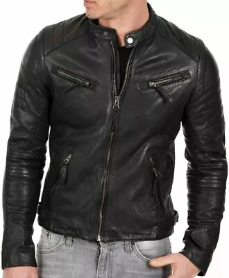 Buy New Mens Vintage Genuine Leather Jacket Slim Fit Real Cafe Racer Biker Jacket M • 69.99£