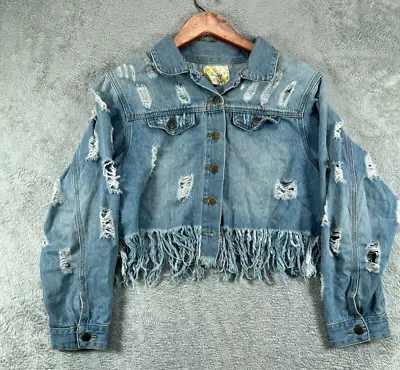 Buy Womens Medium Denim Jackets Cropped Fringe Streetwear Destroyed Daisy Blue Jean • 22.96£