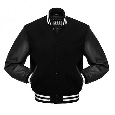 Buy Men's Letterman Varsity Bomber Jacket With White Strip Genuine Leather Sleeves  • 95£