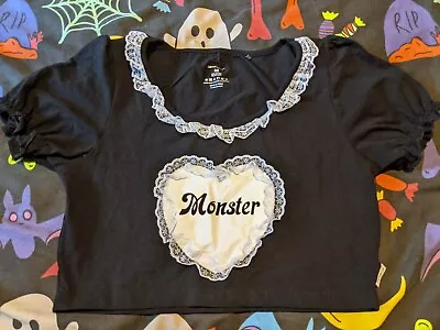 Buy Awesome Cropped Lace & Heart Monster Top! Alternative Y2K Goth Scene Emo Grunge • 10£