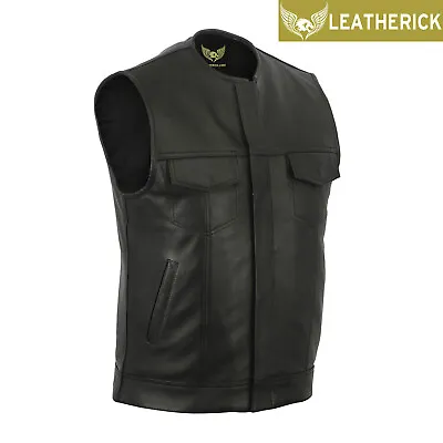 Buy Men’s Sons Of Anarchy Black Collarless Vest Motorcycle Leather Cut Off Waistcoat • 64.99£
