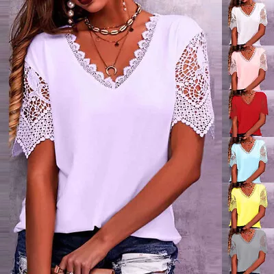 Buy Womens Lace V Neck Tops T-Shirt Ladies Summer Causal Short Sleeve Plain Blouse • 2.89£