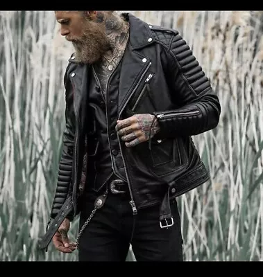 Buy Men's Vintage Black Slim Fit Quilted Style Fashion Biker Real Leather Jacket • 70£