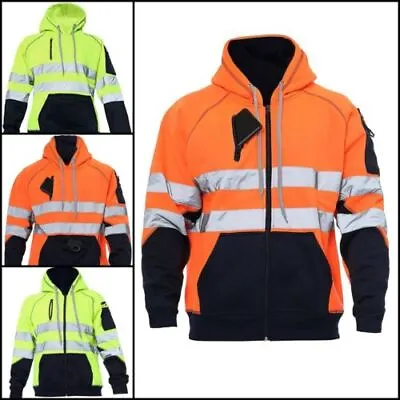 Buy Hi Vis Viz Jacket 3 Zip High Visibility Work Hooded Zipper Top Fleece Sweatshirt • 17.99£
