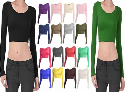 Buy Womens Long Sleeve Crop Top TShirt Ladies Girls Scoop Crew Neck Crop Shirt Top • 6.25£