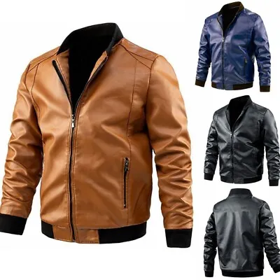 Buy Men Casual Biker Coat Faux Leather Bomber Jacket Outwear Zip Up Slim Tops Coat • 13.99£