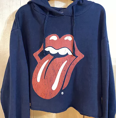 Buy Hot Lips Black Cropped Hoodie Size 10 Long Sleeve Topshop Rolling Stones Logo • 3.99£