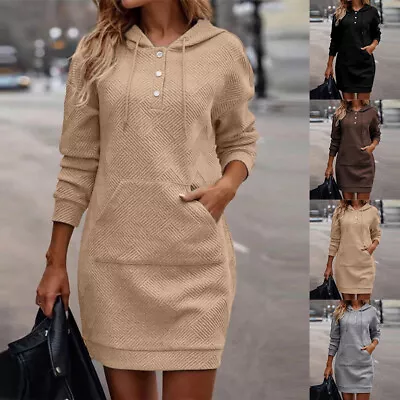 Buy Womens Sweatshirt Hoodies Dress Ladies Long Sleeve Ribbed Hooded Jumper Dresses • 10.99£