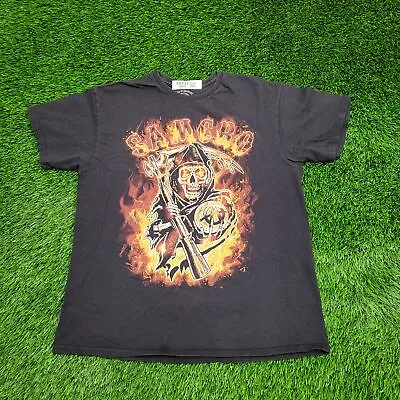 Buy Flaming Fire Grim-Reaper Sons-of-Anarchy Shirt Womens L 21x26 Faded Black SAMCRO • 14.12£