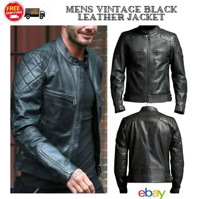Buy Men's Leather Cafe Racer Biker Beckham Leather Jacket Slim Fit Coat • 84£
