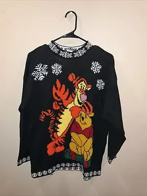 Buy Vintage Winnie The Pooh Knit Christmas Sweater Medium Black USA Made Pooh Tigger • 35.04£