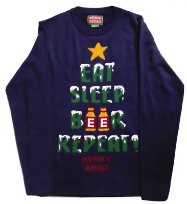 Buy  Eat Sleep Beer Repeat Merry Xmas Blue Christmas Jumper Sz L Preloved Funny • 17.99£