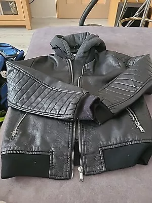 Buy Boys Faux Leather Black Jacket With Grey Jersey Removable  Hood Age 11-12 • 7.99£