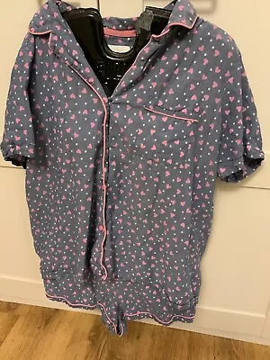 Buy Matalan Time To Dream Pyjama Shirt Shorts Set Blue Pink Hearts Large • 1.99£