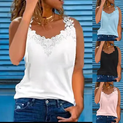 Buy Womens Lace V Neck Tank Tops Vest Ladies Sleeveless Casual Loose Cami T-Shirt 16 • 9.59£