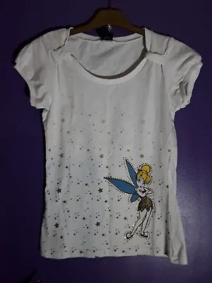 Buy Disney Long White T-shirt With Tinkerbell Front. Cap Sleeves. Size 10. Cotton. • 4£