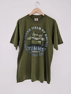 Buy Field Of Battle Tanks Shirt Large Green Graphic Print World War II Rock Eagle • 9.99£