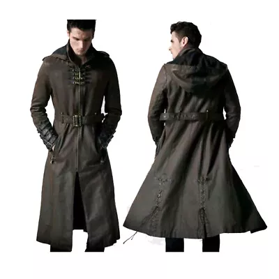 Buy Men's Gothic Real Leather Military Officer Style Hooded Long Trench Coat • 119.99£