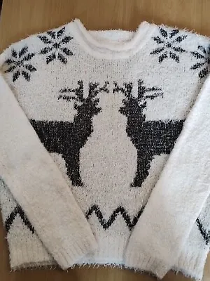Buy Ladies Fluffy Cream Reindeer New Look Christmas Jumper Size Small • 6£