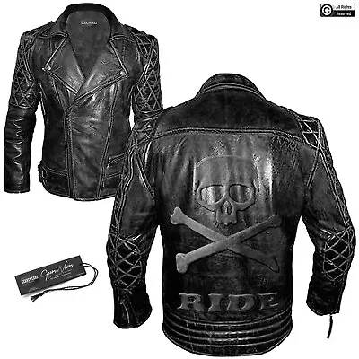 Buy Mens Black Brando Classic Diamond Biker Leather Jacket Embossed Skull Bones  • 259.99£