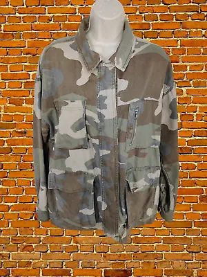 Buy Womens Topshop Size Uk 8-10 P Khaki Camouflage Denim Jean Jacket Coat Oversized • 14.99£