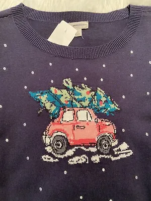 Buy NWT TALBOTS Xmas Tree On Car Christmas Sweater Petite Navy Blue NEW • 9.65£