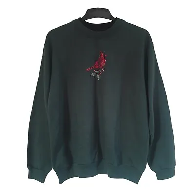 Buy Rhinestone Encrusted Bird On Branch Of Holly Vintage 90's Style Jumper Sweater  • 5.99£