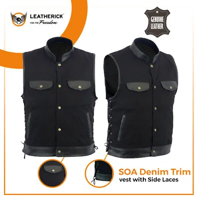 Buy Men SOA Side Lace Biker Vest Leather Trim Black Denim Motorcycle Club Waistcoat • 26.99£