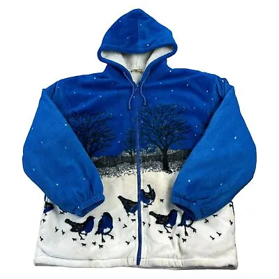 Buy Vintage Wildlife Fleece Jacket All Over Print Sherpa Lined Hooded Blue Mens XL • 39.99£