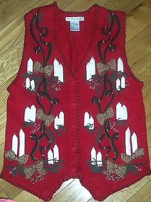 Buy Womans Tacky Ugly Christmas Sweater Vest Candles Beads Bows Sz M Victoria Jones • 14.20£