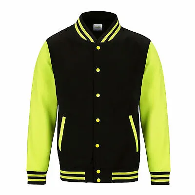 Buy Black/Yellow Electric Varsity Neon Jacket Baseball College Long Sleeve AWDis   • 10.99£