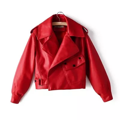 Buy Women Outerwear PU Coat Turndown Collar Faux Leather Jacket Biker Red White • 31.75£