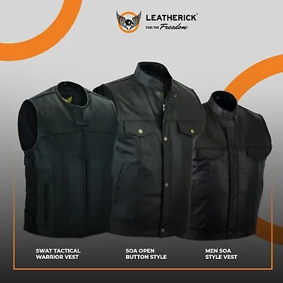 Buy Men's SOA Black Biker Leather Waistcoats Tactical Warrior Vest With Side Buckles • 34.97£