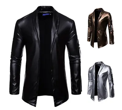 Buy Mens Casual Faux Leather Blazer Slim Fit Outwear Coats Nightclub Lapel Jackets • 36.72£