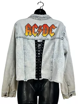 Buy ACDC Graphic Lace Up Back Acid Wash Button Denim Jean Crop Jacket Sz 2X • 26.53£
