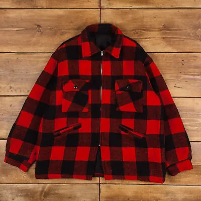 Buy Vintage Wool Jacket L 60s Buffalo Plaid Quilt Lined Check Red Zip • 59.99£