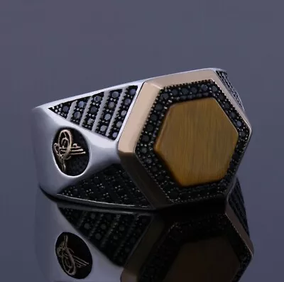 Buy Handmade Casual Silver Tiger Eye Hexagon Brown Gemstone Promise Ring For Men 925 • 112.39£
