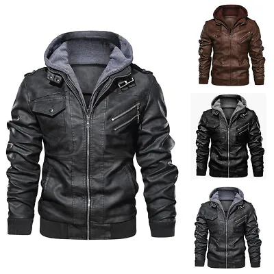 Buy Mens Motorcycle PU Leather Hooded Bomber Biker Jacket Zip Up Outwear Coat Tops • 11.99£