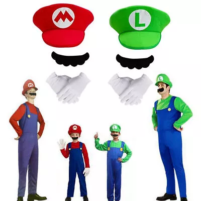 Buy Hat Super Mario Luigi Bros Cosplay Party Glove Mustache Set Costume Book Week • 5.99£