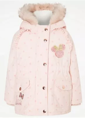 Buy Disney Girls Pink Polka Dot Minnie Mouse Coat Fur Lined Hood Sizes 3-4 6-7 New • 19.99£